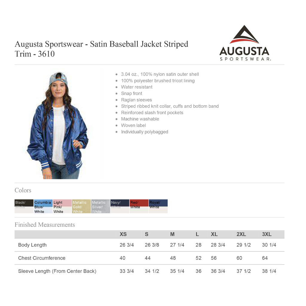 Augusta Sportswear 3610 - Satin Baseball Jacket Striped Trim