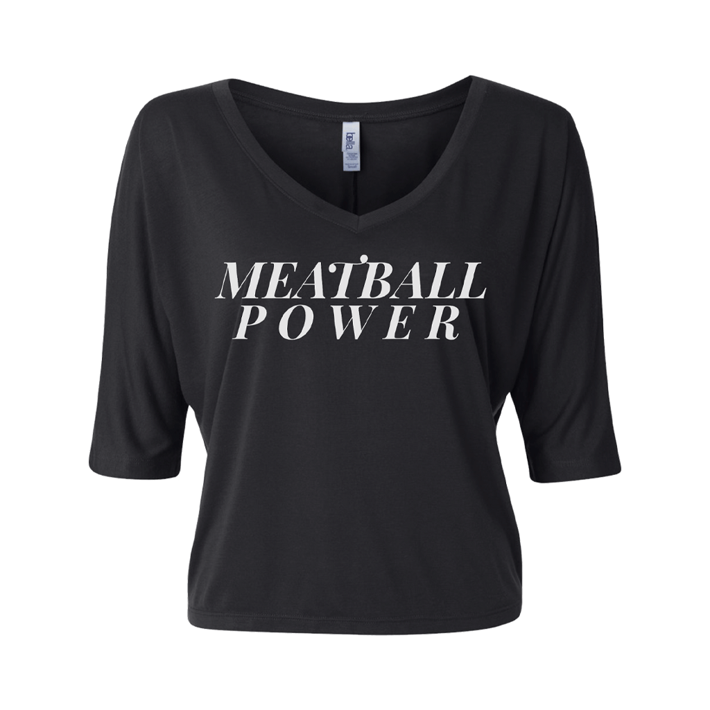 Meatball Power Flowy Boxy Half-Sleeve V-Neck Black Tee